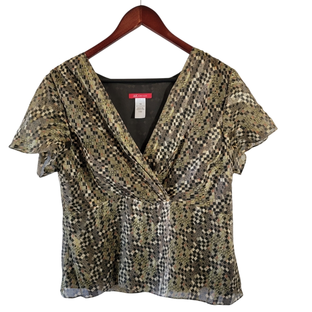 Anne Klein Multicolored Geometric Silk Blouse Sz 14 Overlay Pleated Old Money